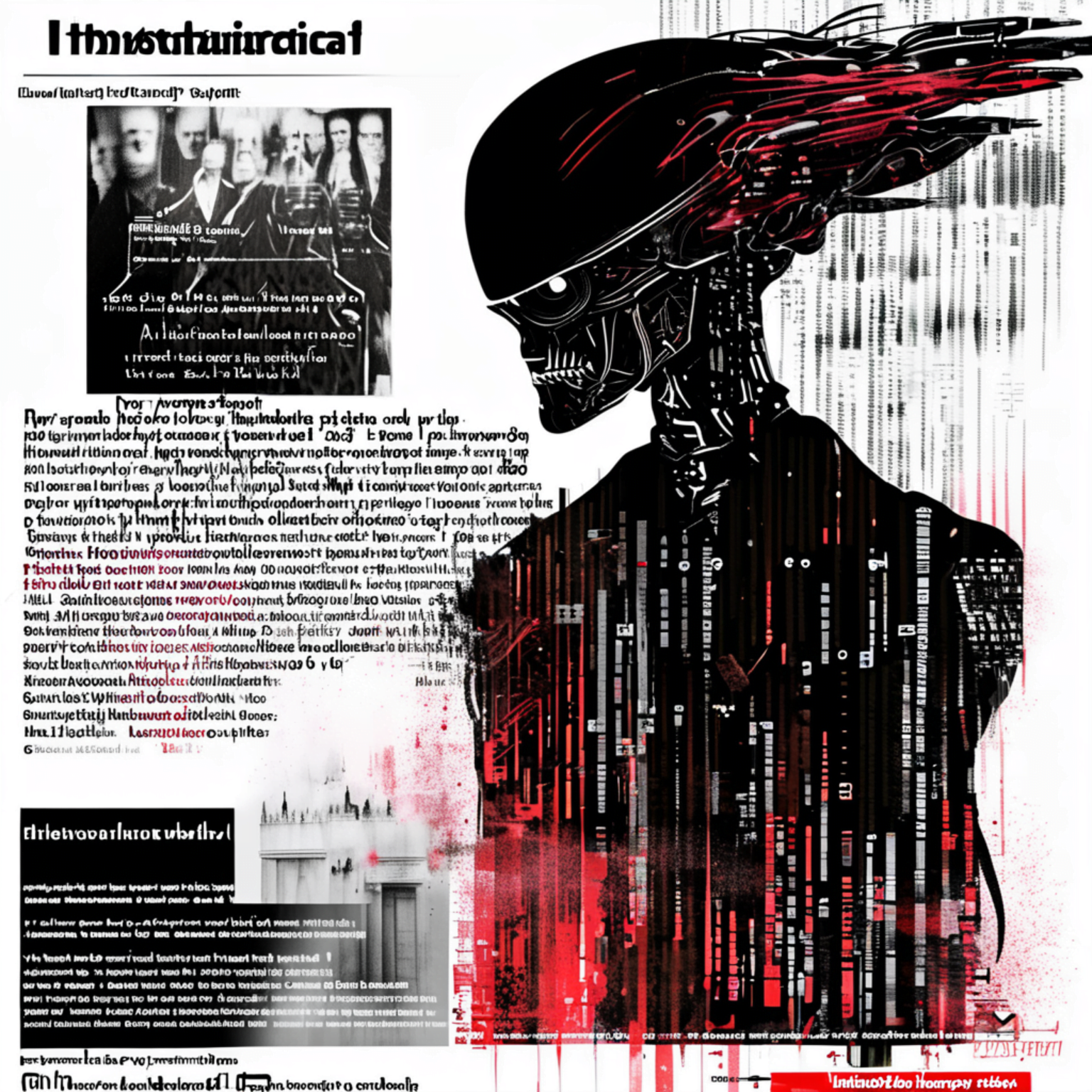 The overall composition should evoke a sense of urgency and awareness about the risks of AI distorting historical truths while maintaining respect for the Holocaust.